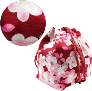 Japanese Style Drawstring Portable Lightweight Purse and Cosmetic with Cherry Blossom Pattern in Wine Red Ideal Jewelry Pouch for Travel and Everyday Use