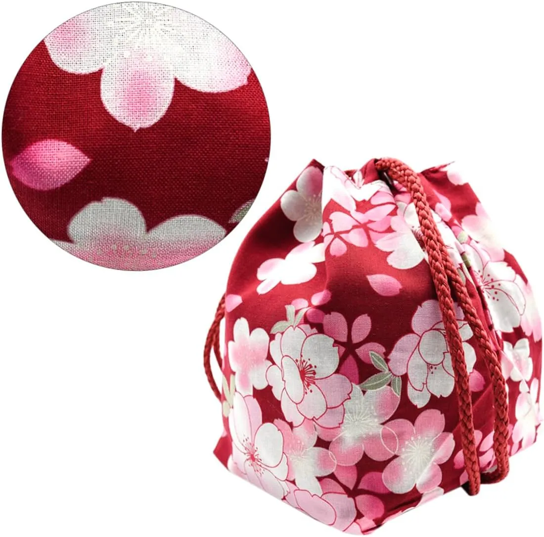 Japanese Style Drawstring Portable Lightweight Purse and Cosmetic with Cherry Blossom Pattern in Wine Red Ideal Jewelry Pouch for Travel and Everyday Use