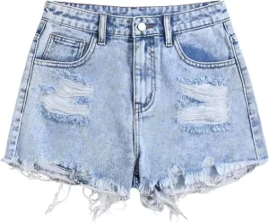 Jean Shorts for Teen Girls Ripped Raw Hem High Waist Straight Leg Cute Summer Y2K Denim Shorts 13Y-16Y