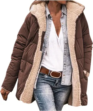 JOAU Womens Long Down Reversible Hooded Jackets Winter Warm Cotton Padded Puffer Quilted Zip Coats Pockets Fleece Outerwear