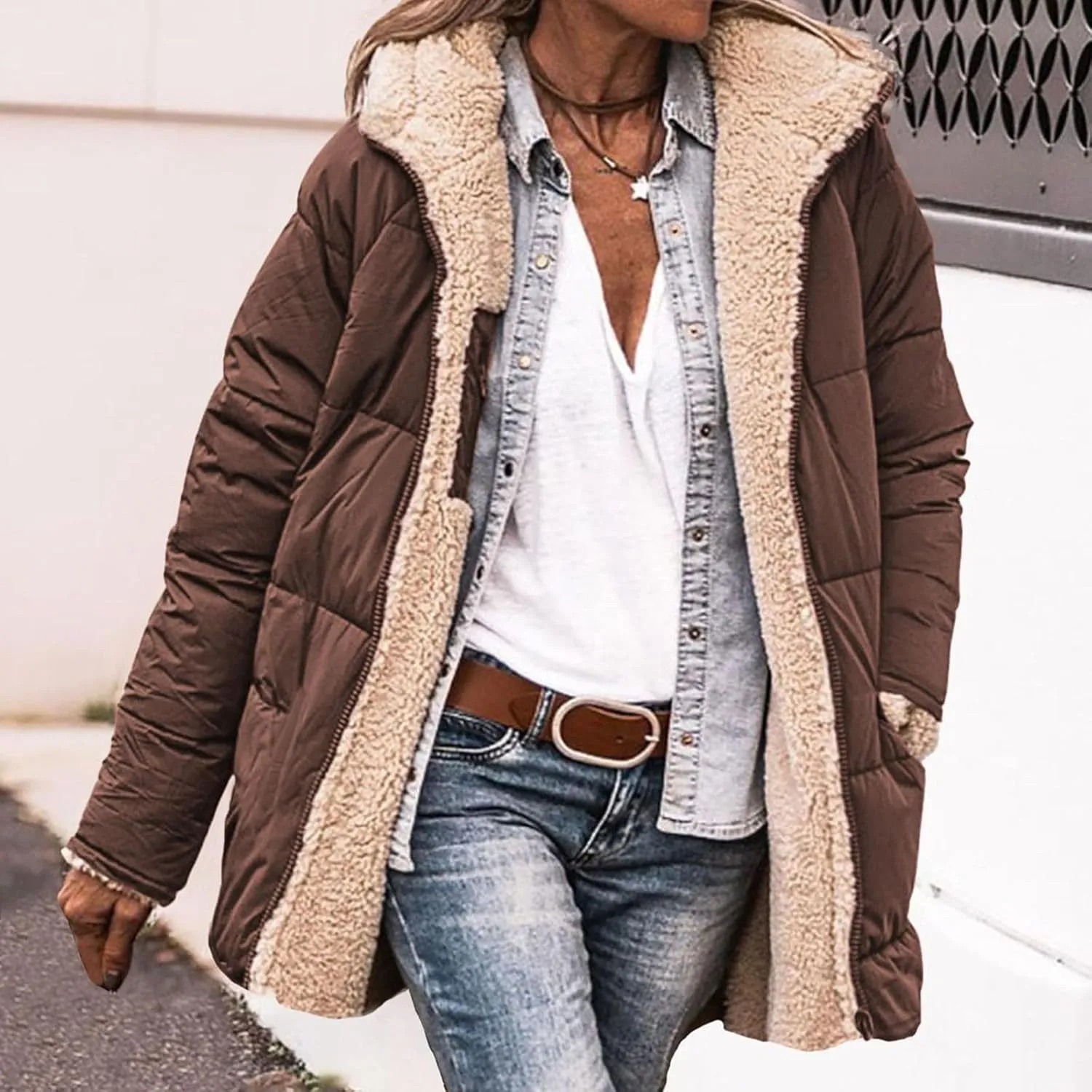 JOAU Womens Long Down Reversible Hooded Jackets Winter Warm Cotton Padded Puffer Quilted Zip Coats Pockets Fleece Outerwear