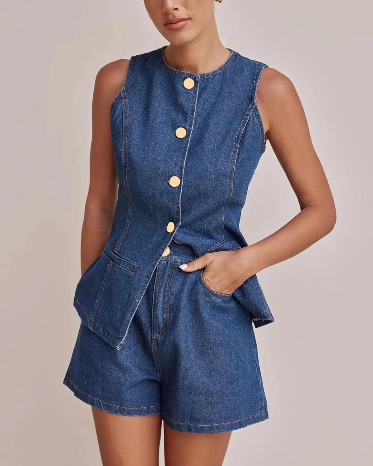 Kedera Women's Button Down Denim Vest Sleeveless Tank Tops Crew Neck Slim Fit Jean Jacket Waistcoat with Pockets