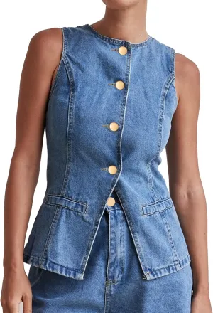 Kedera Women's Button Down Denim Vest Sleeveless Tank Tops Crew Neck Slim Fit Jean Jacket Waistcoat with Pockets