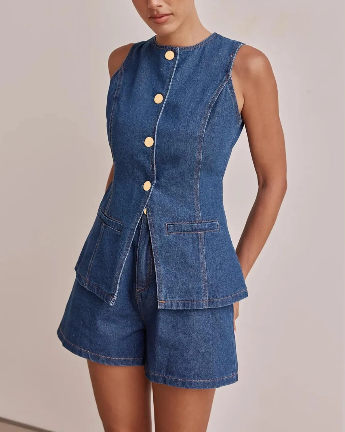 Kedera Women's Button Down Denim Vest Sleeveless Tank Tops Crew Neck Slim Fit Jean Jacket Waistcoat with Pockets