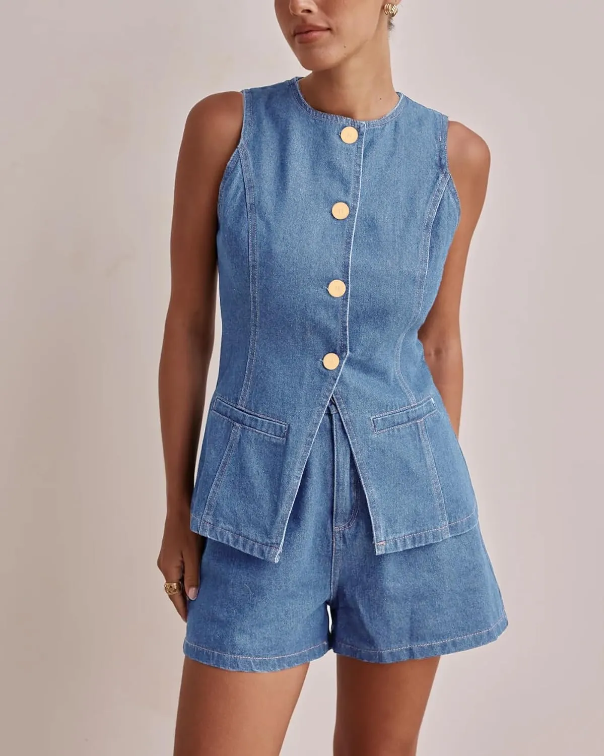 Kedera Women's Button Down Denim Vest Sleeveless Tank Tops Crew Neck Slim Fit Jean Jacket Waistcoat with Pockets