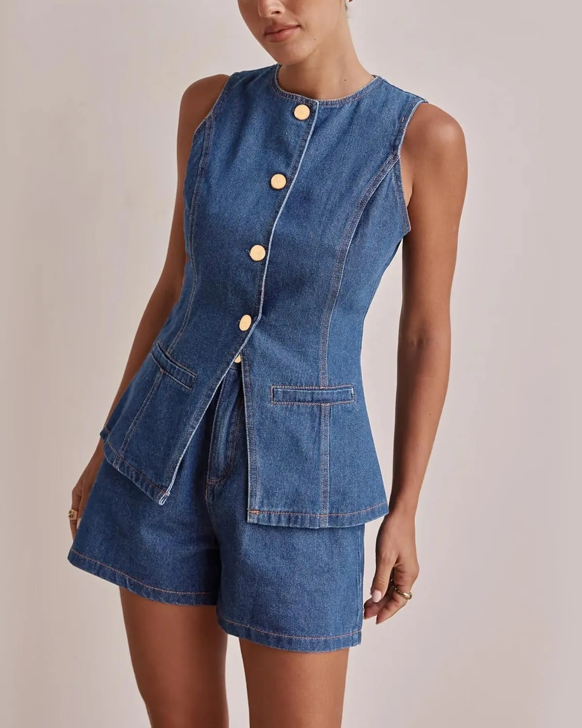 Kedera Women's Button Down Denim Vest Sleeveless Tank Tops Crew Neck Slim Fit Jean Jacket Waistcoat with Pockets