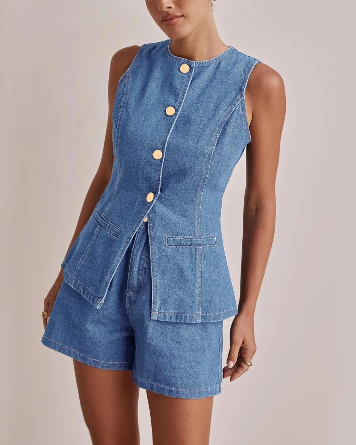 Kedera Women's Button Down Denim Vest Sleeveless Tank Tops Crew Neck Slim Fit Jean Jacket Waistcoat with Pockets