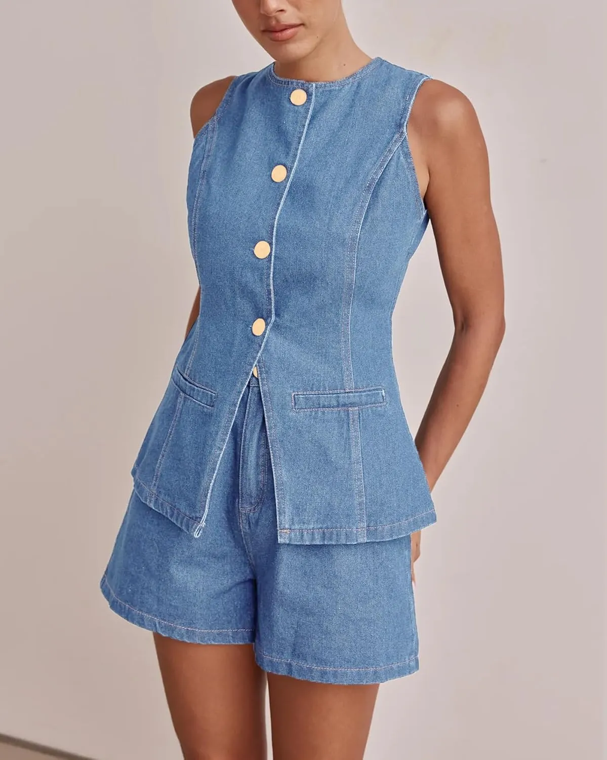 Kedera Women's Button Down Denim Vest Sleeveless Tank Tops Crew Neck Slim Fit Jean Jacket Waistcoat with Pockets