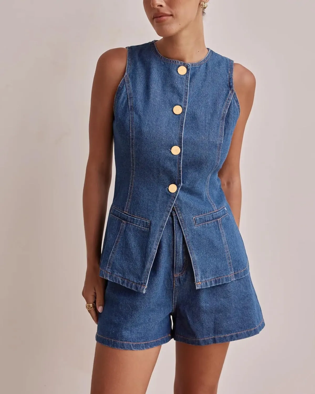 Kedera Women's Button Down Denim Vest Sleeveless Tank Tops Crew Neck Slim Fit Jean Jacket Waistcoat with Pockets