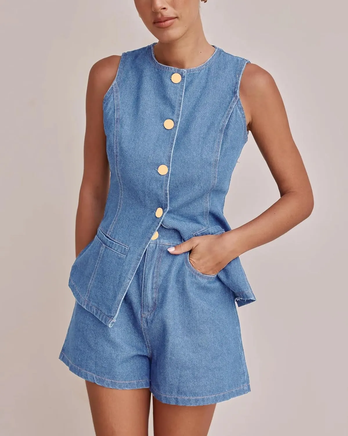 Kedera Women's Button Down Denim Vest Sleeveless Tank Tops Crew Neck Slim Fit Jean Jacket Waistcoat with Pockets