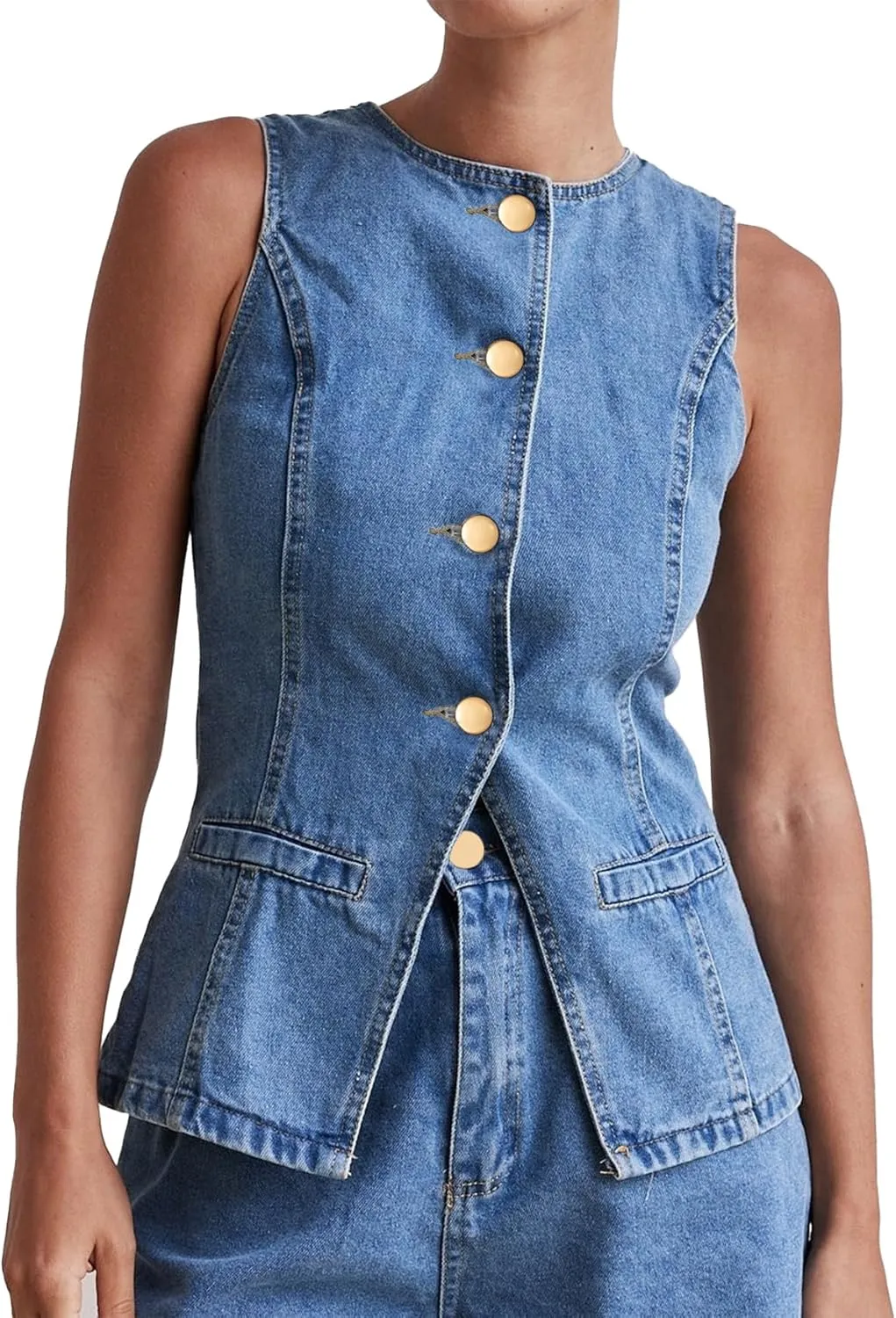 Kedera Women's Button Down Denim Vest Sleeveless Tank Tops Crew Neck Slim Fit Jean Jacket Waistcoat with Pockets