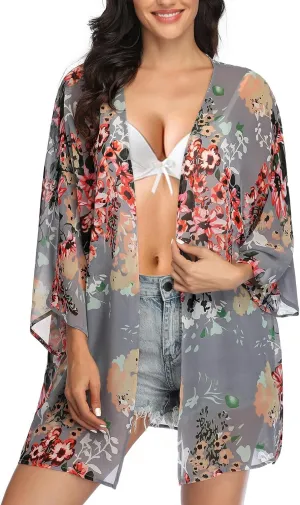 KirGiabo Women's Floral Print Kimonos Loose Tops Half Sleeve Shawl Chiffon Cardigan Casual Beach Cover Ups