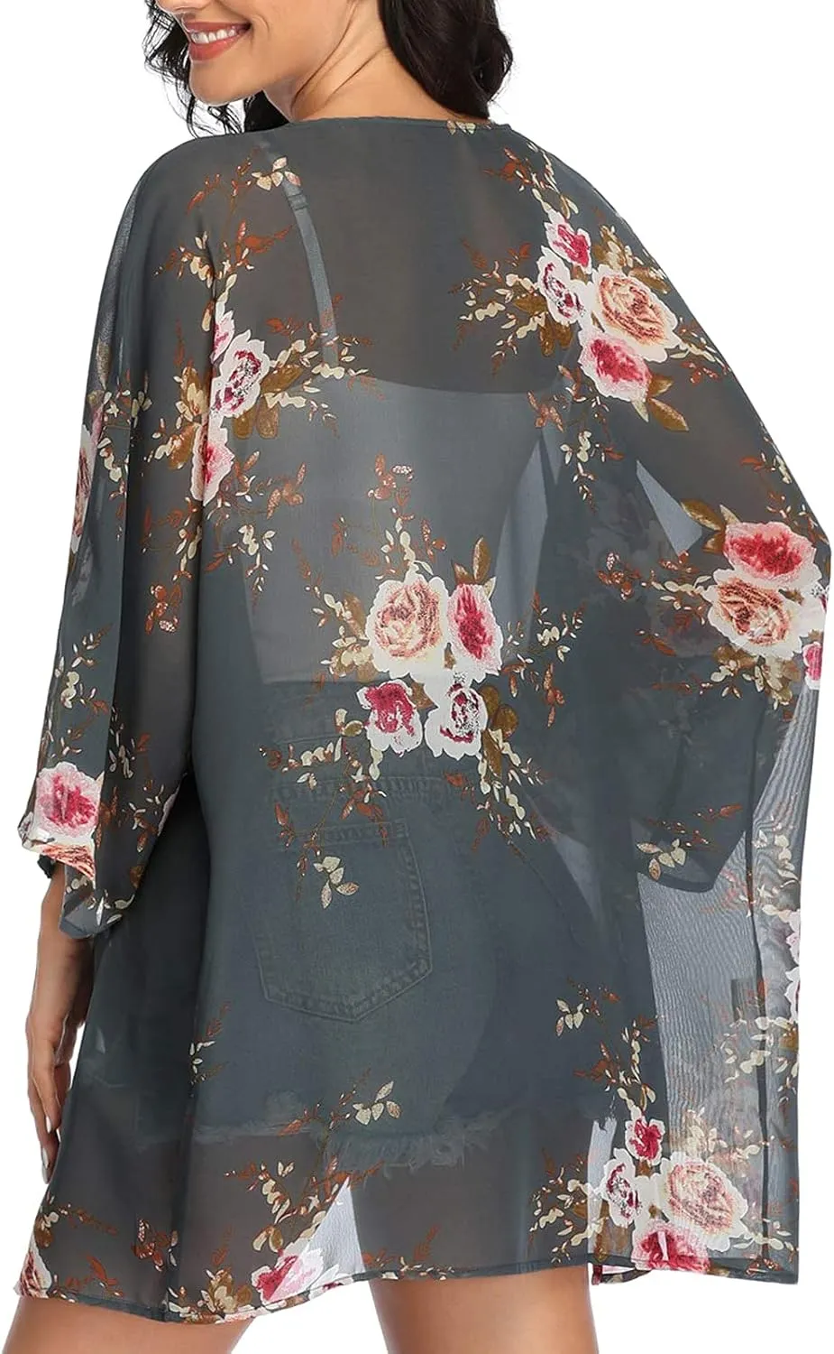 KirGiabo Women's Floral Print Kimonos Loose Tops Half Sleeve Shawl Chiffon Cardigan Casual Beach Cover Ups
