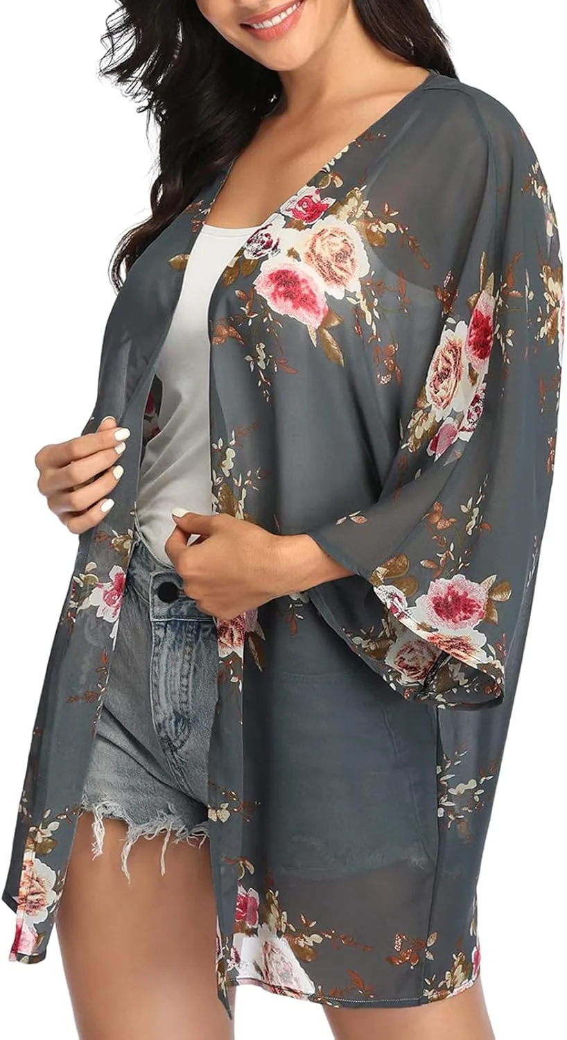 KirGiabo Women's Floral Print Kimonos Loose Tops Half Sleeve Shawl Chiffon Cardigan Casual Beach Cover Ups