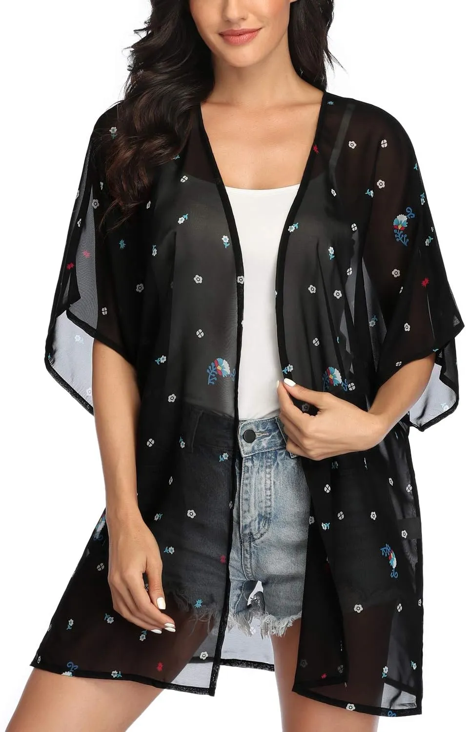 KirGiabo Women's Floral Print Kimonos Loose Tops Half Sleeve Shawl Chiffon Cardigan Casual Beach Cover Ups