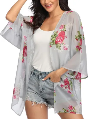 KirGiabo Women's Floral Print Kimonos Loose Tops Half Sleeve Shawl Chiffon Cardigan Casual Beach Cover Ups