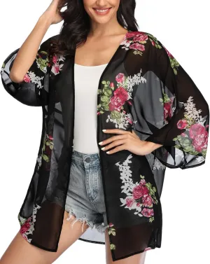 KirGiabo Women's Floral Print Kimonos Loose Tops Half Sleeve Shawl Chiffon Cardigan Casual Beach Cover Ups