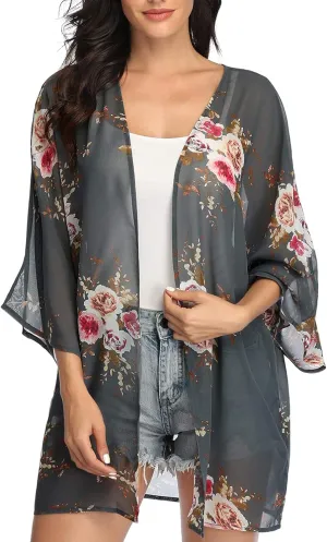 KirGiabo Women's Floral Print Kimonos Loose Tops Half Sleeve Shawl Chiffon Cardigan Casual Beach Cover Ups