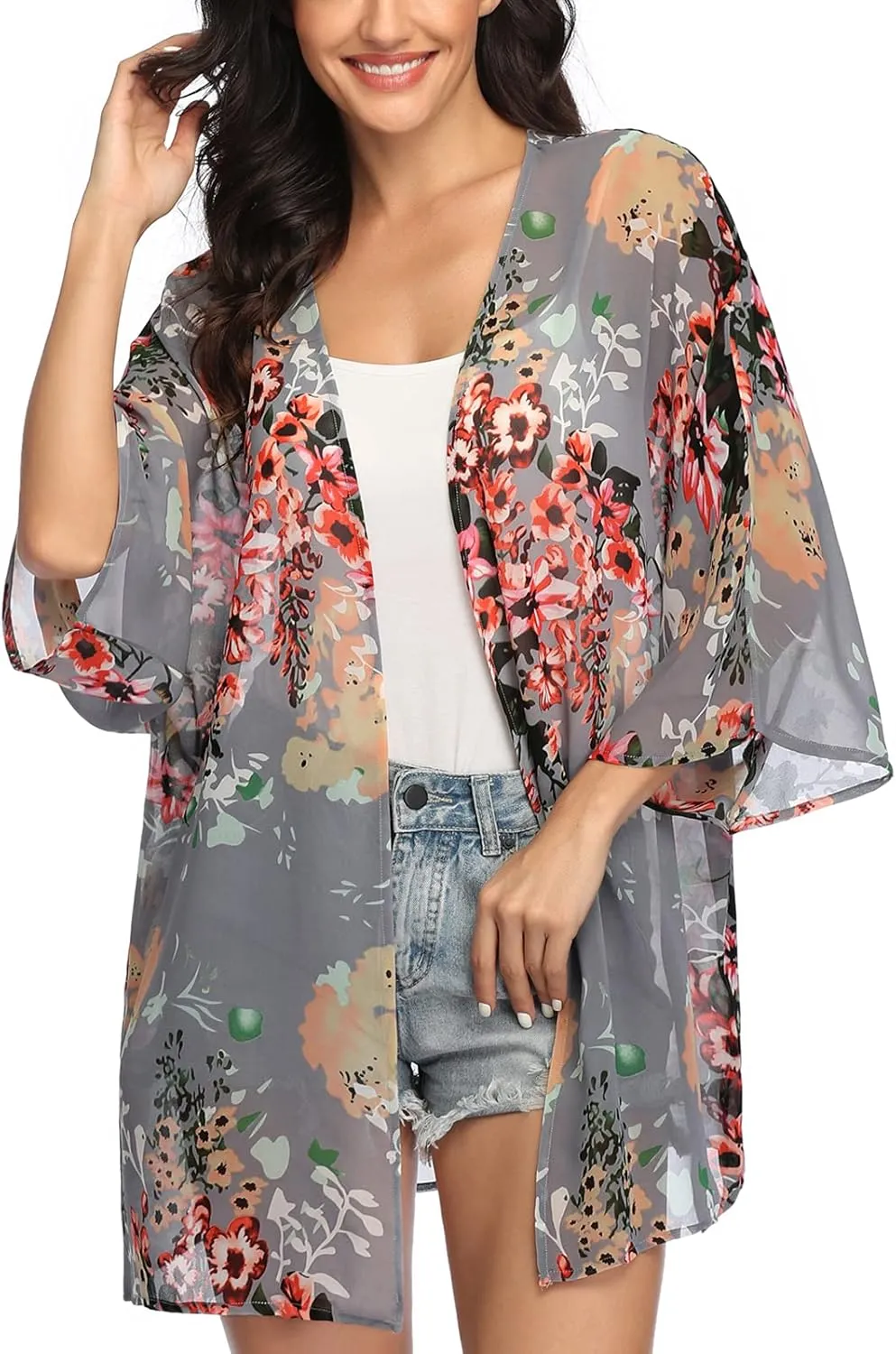 KirGiabo Women's Floral Print Kimonos Loose Tops Half Sleeve Shawl Chiffon Cardigan Casual Beach Cover Ups