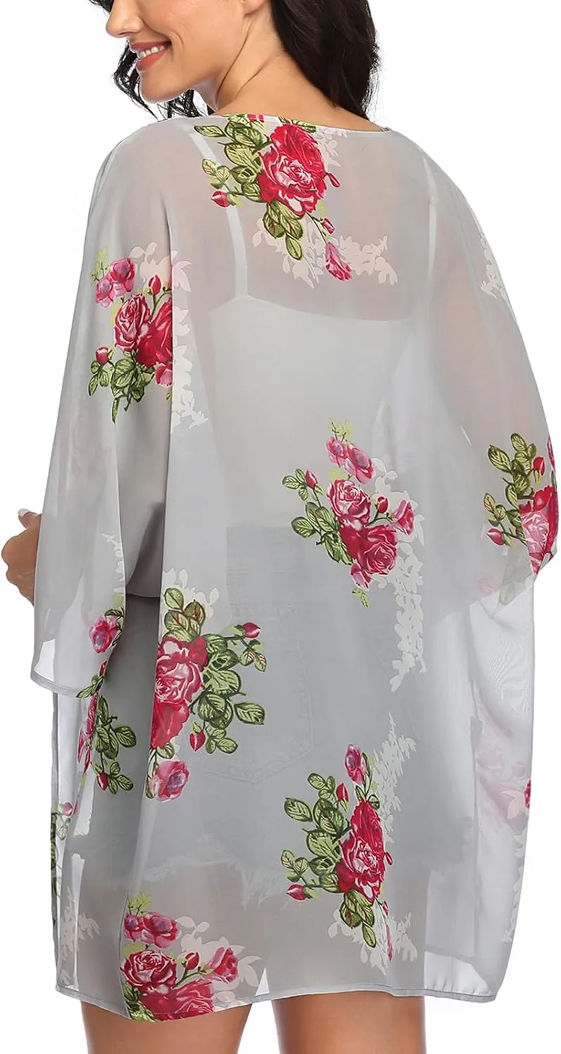 KirGiabo Women's Floral Print Kimonos Loose Tops Half Sleeve Shawl Chiffon Cardigan Casual Beach Cover Ups