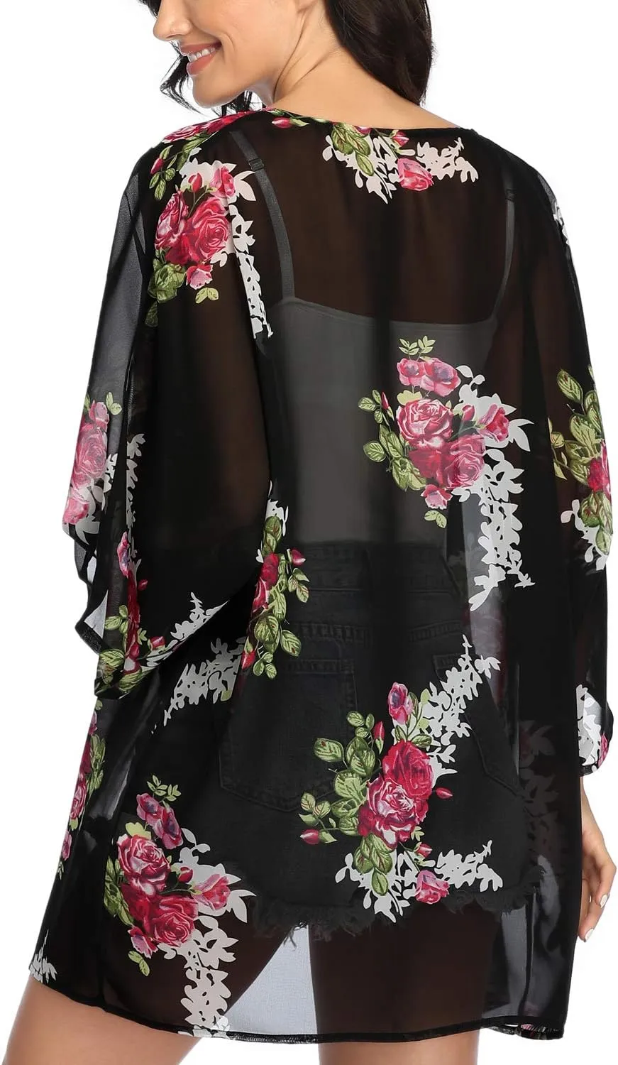 KirGiabo Women's Floral Print Kimonos Loose Tops Half Sleeve Shawl Chiffon Cardigan Casual Beach Cover Ups