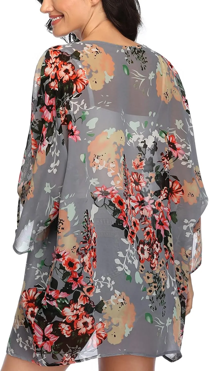 KirGiabo Women's Floral Print Kimonos Loose Tops Half Sleeve Shawl Chiffon Cardigan Casual Beach Cover Ups
