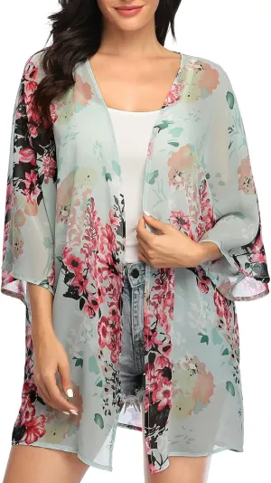 KirGiabo Women's Floral Print Kimonos Loose Tops Half Sleeve Shawl Chiffon Cardigan Casual Beach Cover Ups