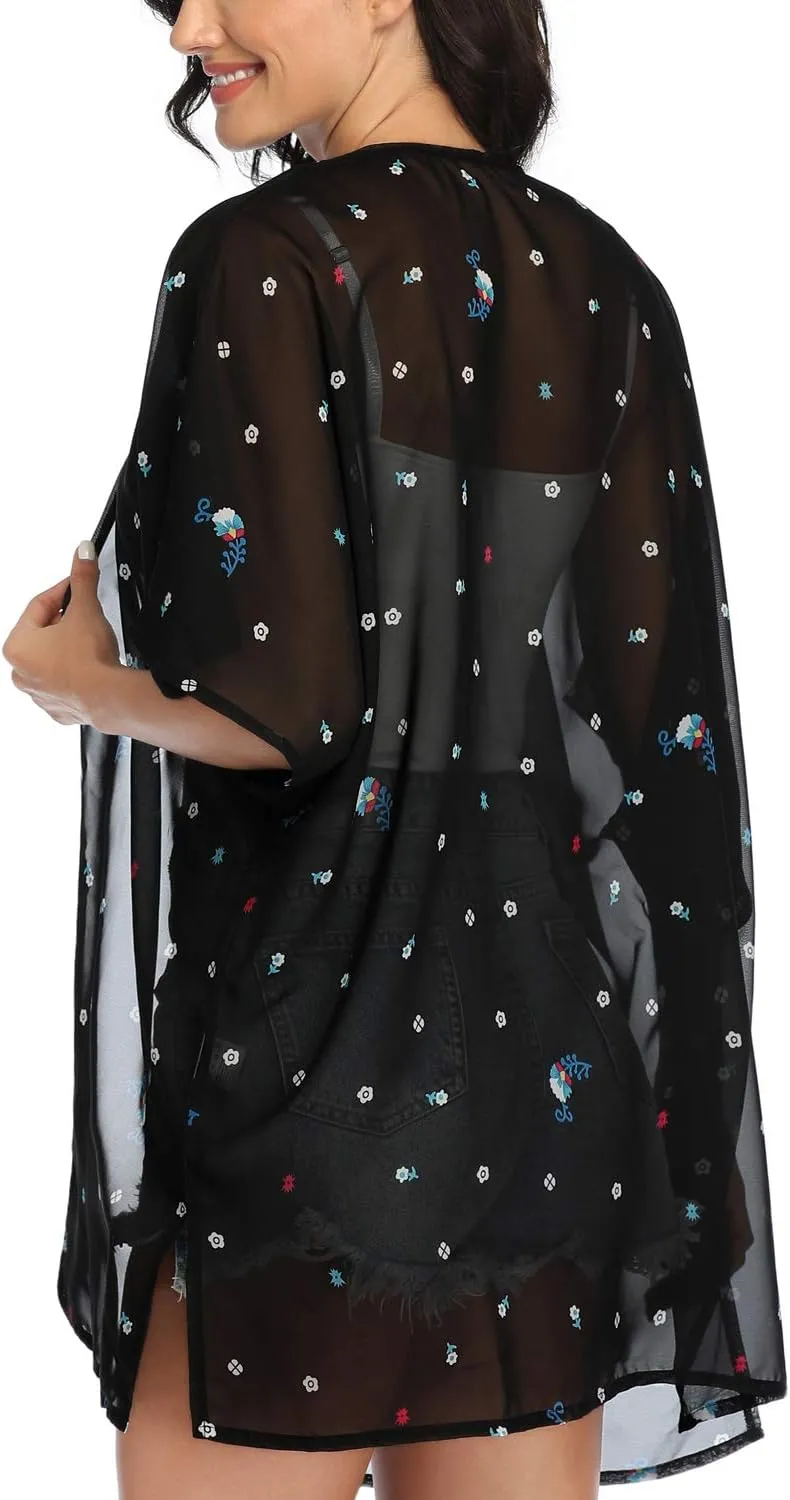 KirGiabo Women's Floral Print Kimonos Loose Tops Half Sleeve Shawl Chiffon Cardigan Casual Beach Cover Ups