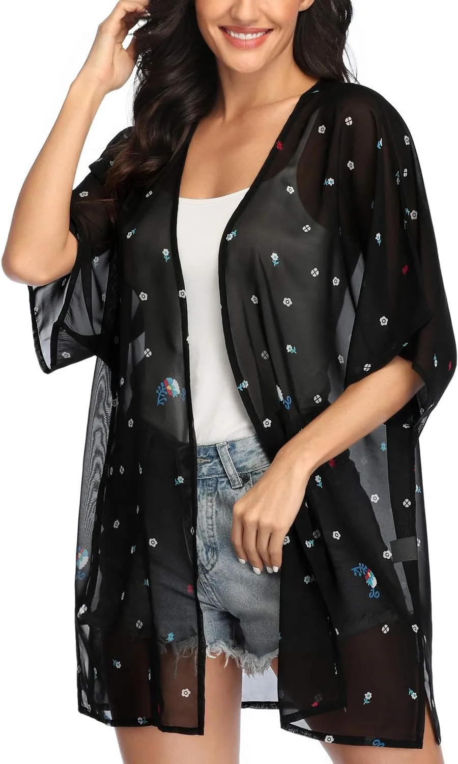 KirGiabo Women's Floral Print Kimonos Loose Tops Half Sleeve Shawl Chiffon Cardigan Casual Beach Cover Ups