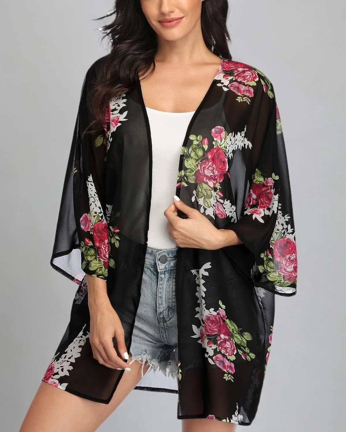 KirGiabo Women's Floral Print Kimonos Loose Tops Half Sleeve Shawl Chiffon Cardigan Casual Beach Cover Ups