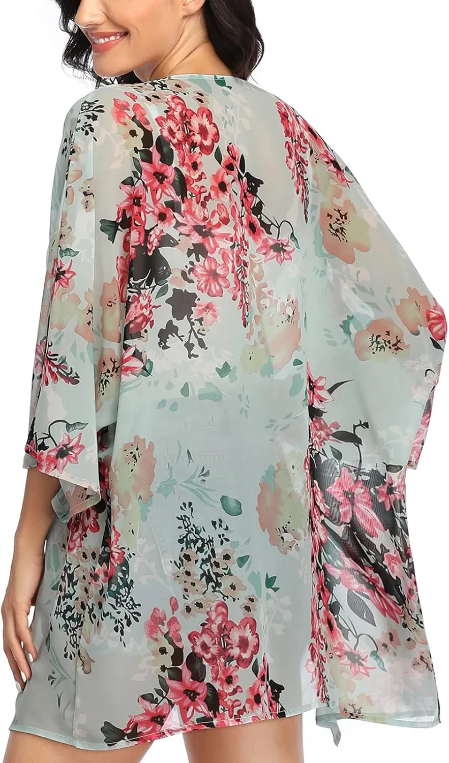 KirGiabo Women's Floral Print Kimonos Loose Tops Half Sleeve Shawl Chiffon Cardigan Casual Beach Cover Ups