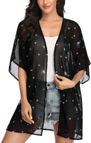 KirGiabo Women's Floral Print Kimonos Loose Tops Half Sleeve Shawl Chiffon Cardigan Casual Beach Cover Ups