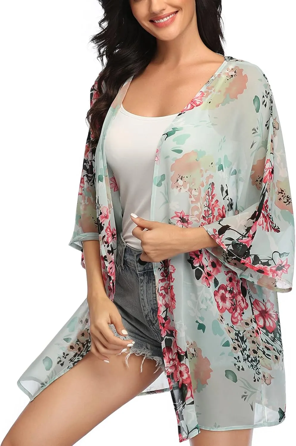 KirGiabo Women's Floral Print Kimonos Loose Tops Half Sleeve Shawl Chiffon Cardigan Casual Beach Cover Ups