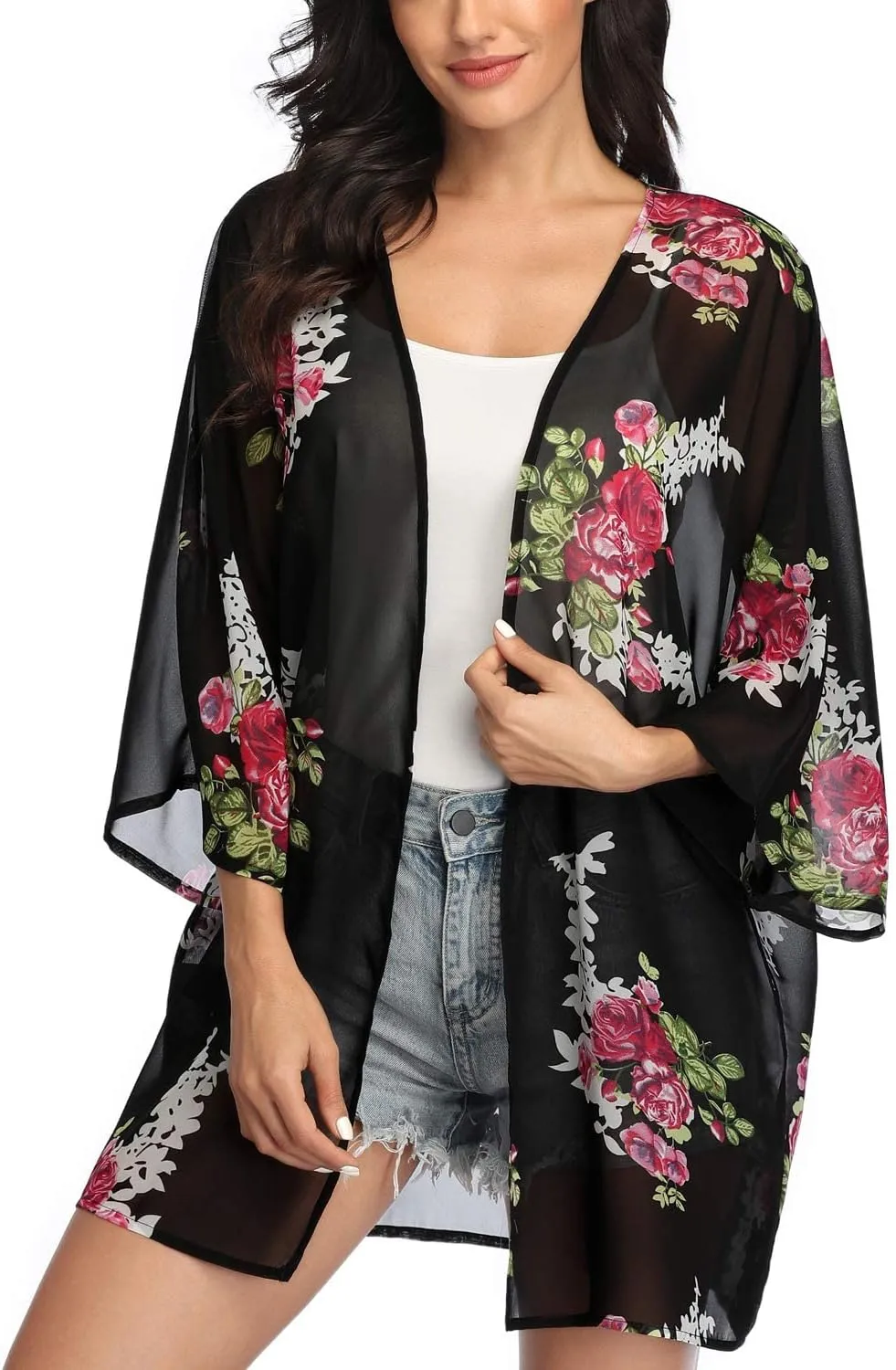 KirGiabo Women's Floral Print Kimonos Loose Tops Half Sleeve Shawl Chiffon Cardigan Casual Beach Cover Ups
