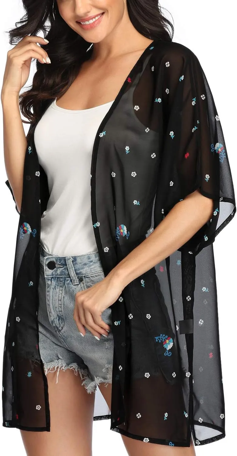 KirGiabo Women's Floral Print Kimonos Loose Tops Half Sleeve Shawl Chiffon Cardigan Casual Beach Cover Ups