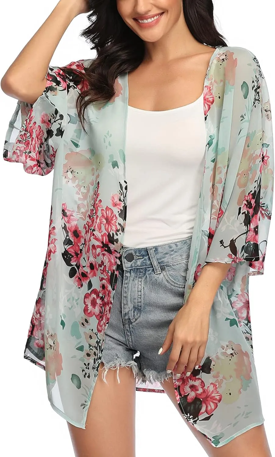 KirGiabo Women's Floral Print Kimonos Loose Tops Half Sleeve Shawl Chiffon Cardigan Casual Beach Cover Ups