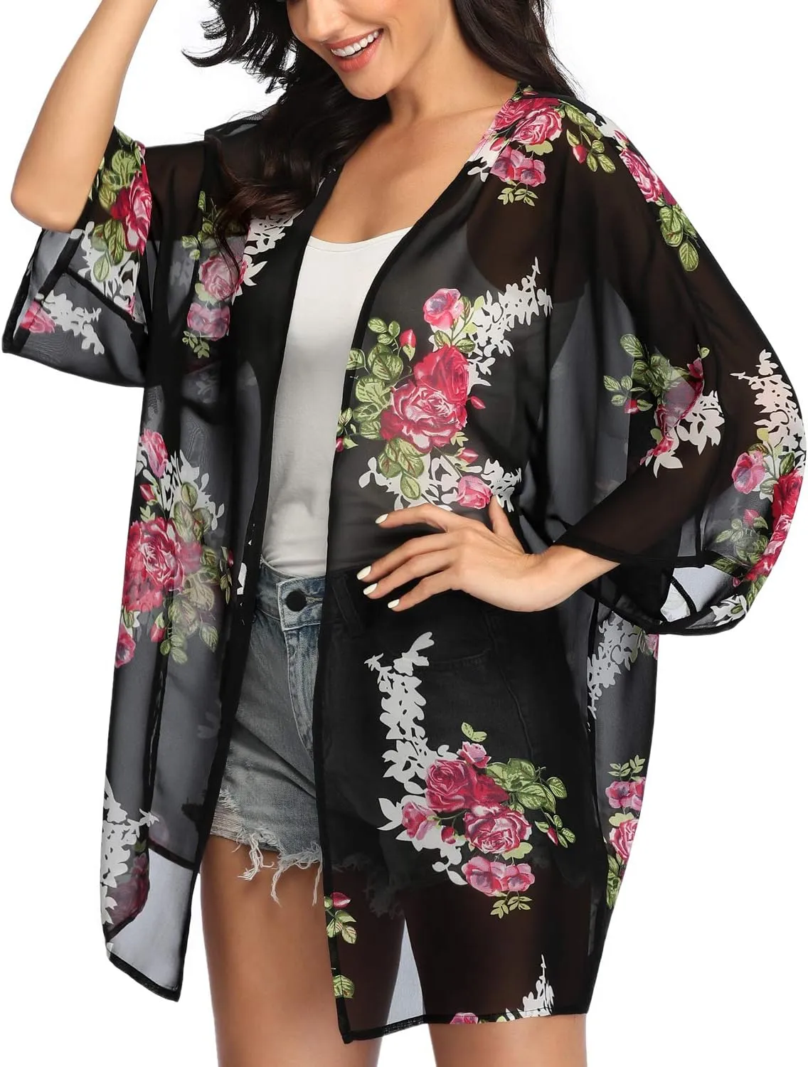 KirGiabo Women's Floral Print Kimonos Loose Tops Half Sleeve Shawl Chiffon Cardigan Casual Beach Cover Ups