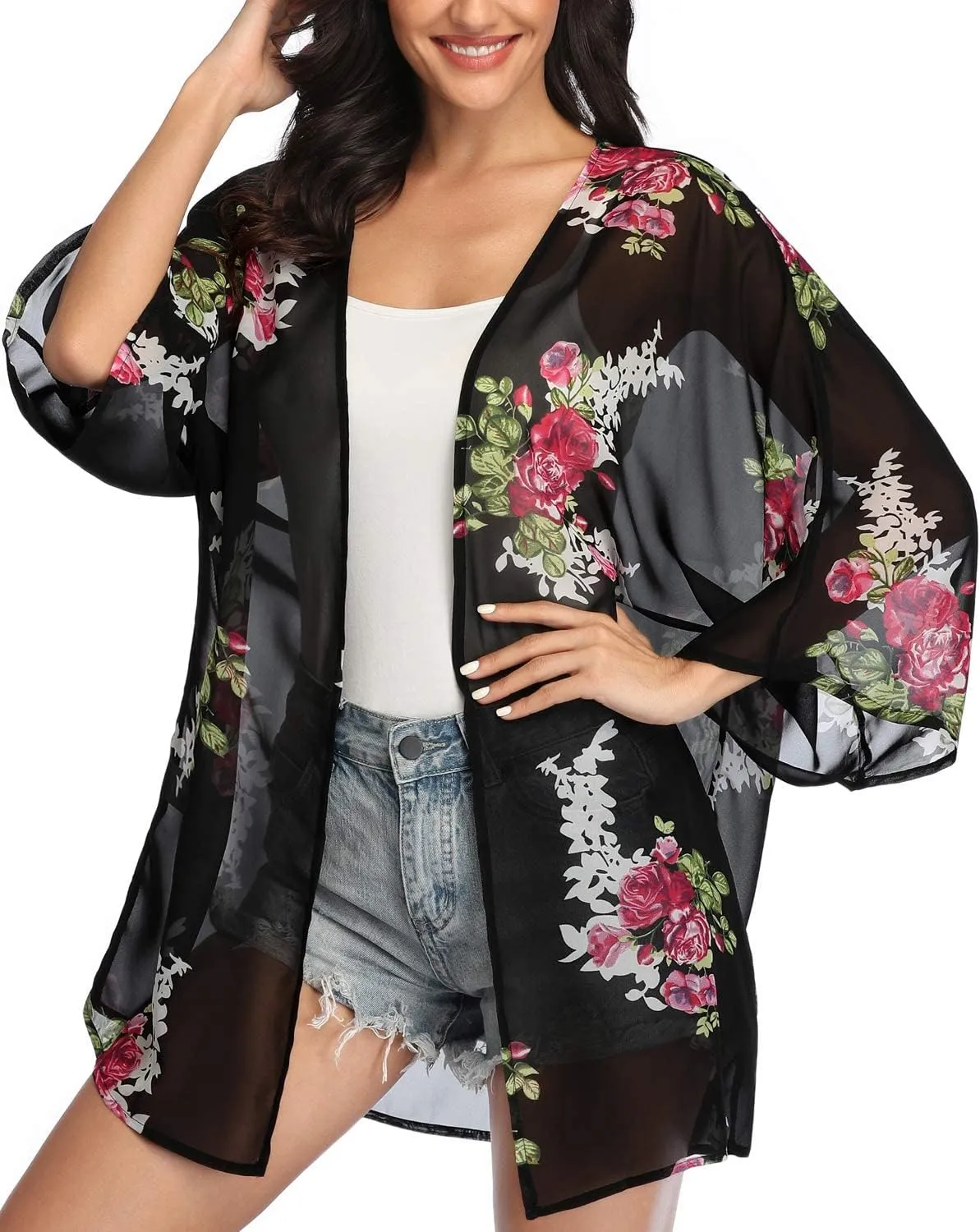 KirGiabo Women's Floral Print Kimonos Loose Tops Half Sleeve Shawl Chiffon Cardigan Casual Beach Cover Ups