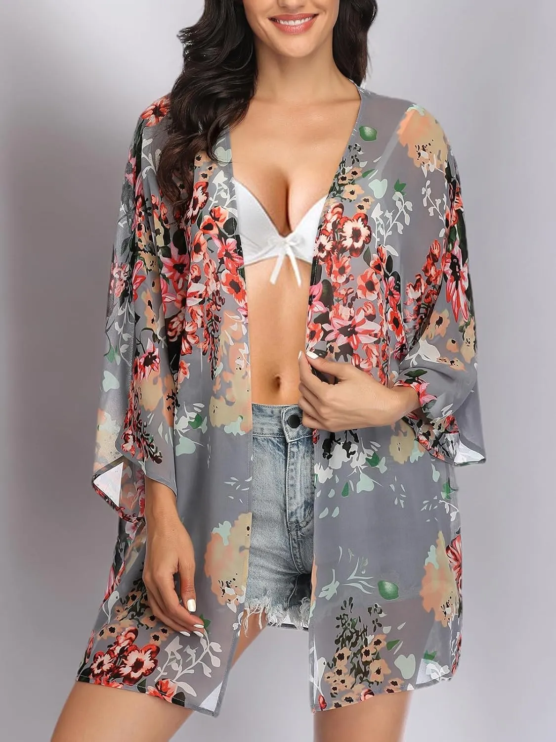 KirGiabo Women's Floral Print Kimonos Loose Tops Half Sleeve Shawl Chiffon Cardigan Casual Beach Cover Ups