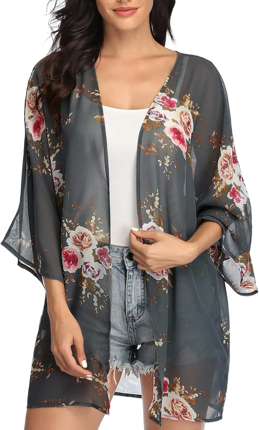 KirGiabo Women's Floral Print Kimonos Loose Tops Half Sleeve Shawl Chiffon Cardigan Casual Beach Cover Ups