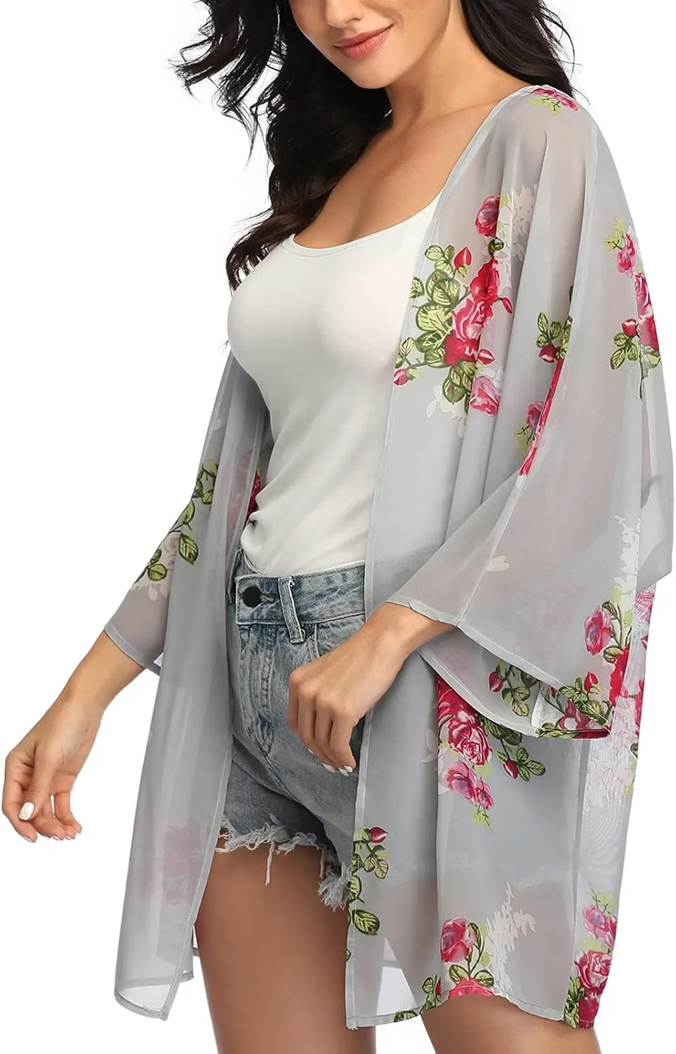 KirGiabo Women's Floral Print Kimonos Loose Tops Half Sleeve Shawl Chiffon Cardigan Casual Beach Cover Ups