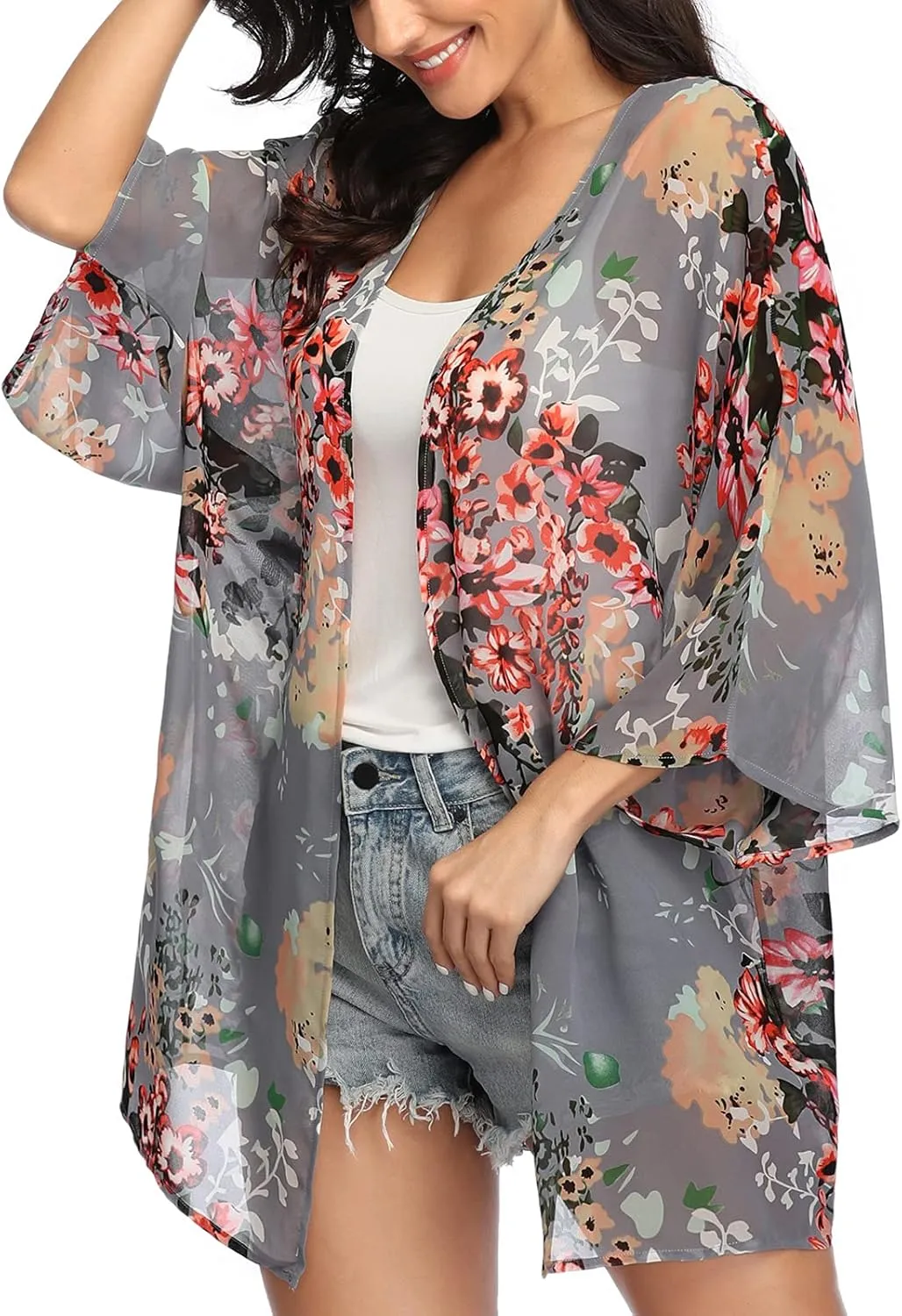 KirGiabo Women's Floral Print Kimonos Loose Tops Half Sleeve Shawl Chiffon Cardigan Casual Beach Cover Ups