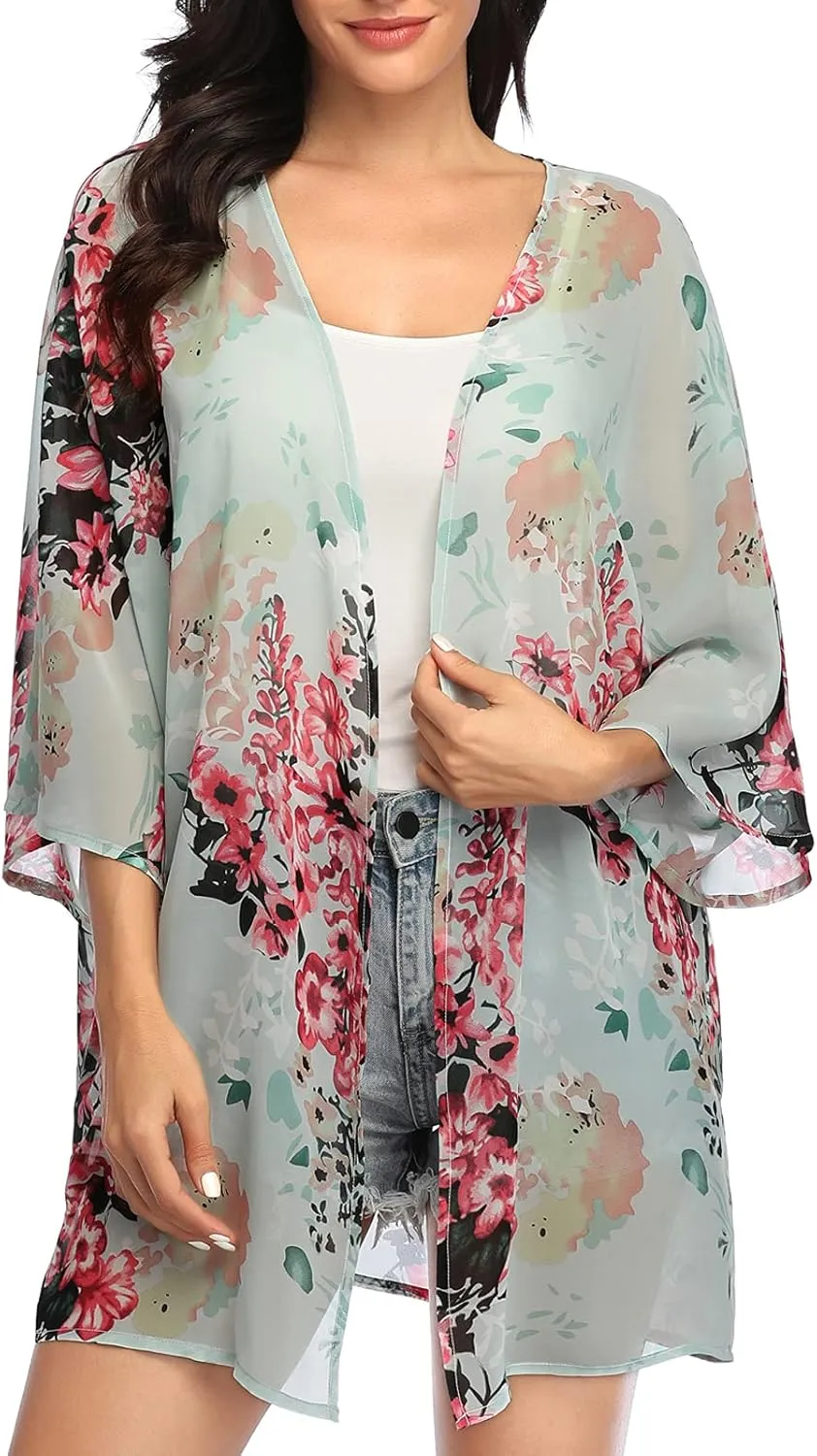 KirGiabo Women's Floral Print Kimonos Loose Tops Half Sleeve Shawl Chiffon Cardigan Casual Beach Cover Ups