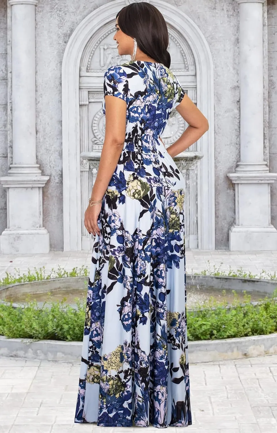 KOH KOH Womens Long Floral Print Cap Sleeve Modest Flowy Summer Maxi Dress Gown