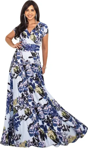 KOH KOH Womens Long Floral Print Cap Sleeve Modest Flowy Summer Maxi Dress Gown
