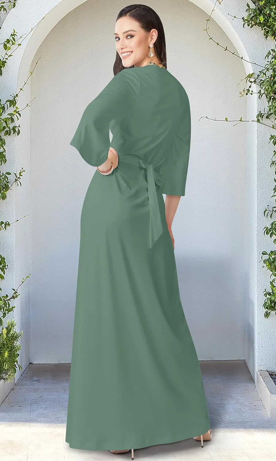 KOH KOH Womens Long Kimono Sleeve V-Neck Wrap Belted Empire Flowy Maxi Dress