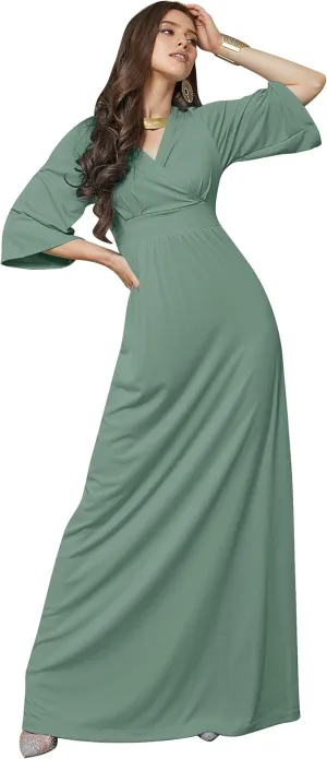 KOH KOH Womens Long Kimono Sleeve V-Neck Wrap Belted Empire Flowy Maxi Dress