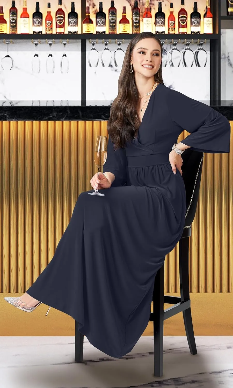 KOH KOH Womens Long Kimono Sleeve V-Neck Wrap Belted Empire Flowy Maxi Dress