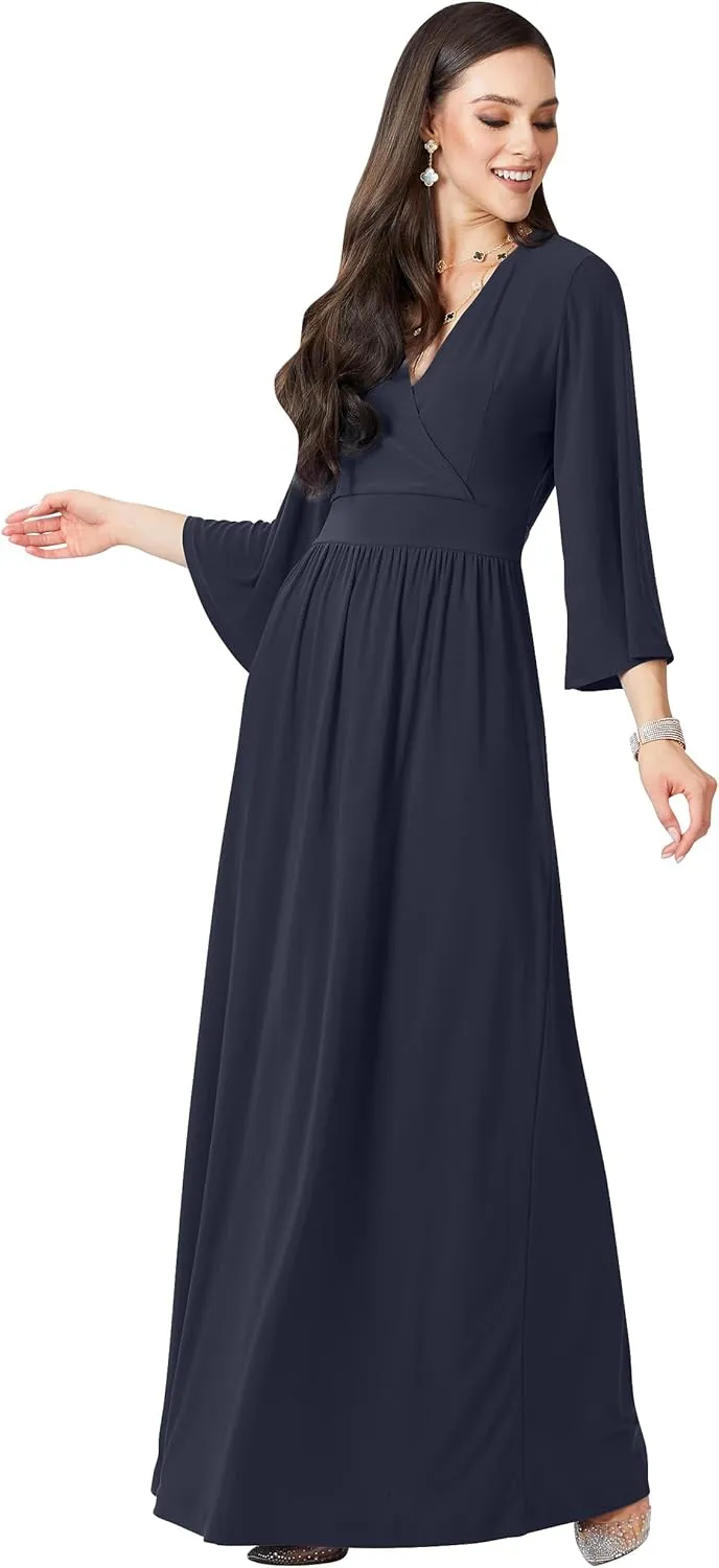 KOH KOH Womens Long Kimono Sleeve V-Neck Wrap Belted Empire Flowy Maxi Dress