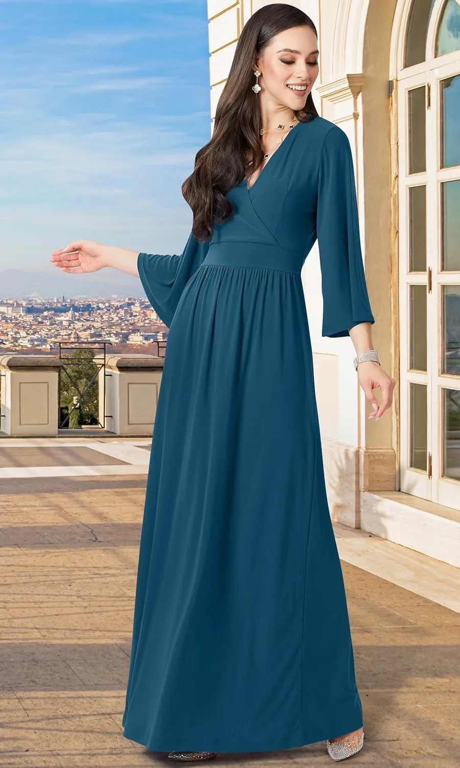 KOH KOH Womens Long Kimono Sleeve V-Neck Wrap Belted Empire Flowy Maxi Dress